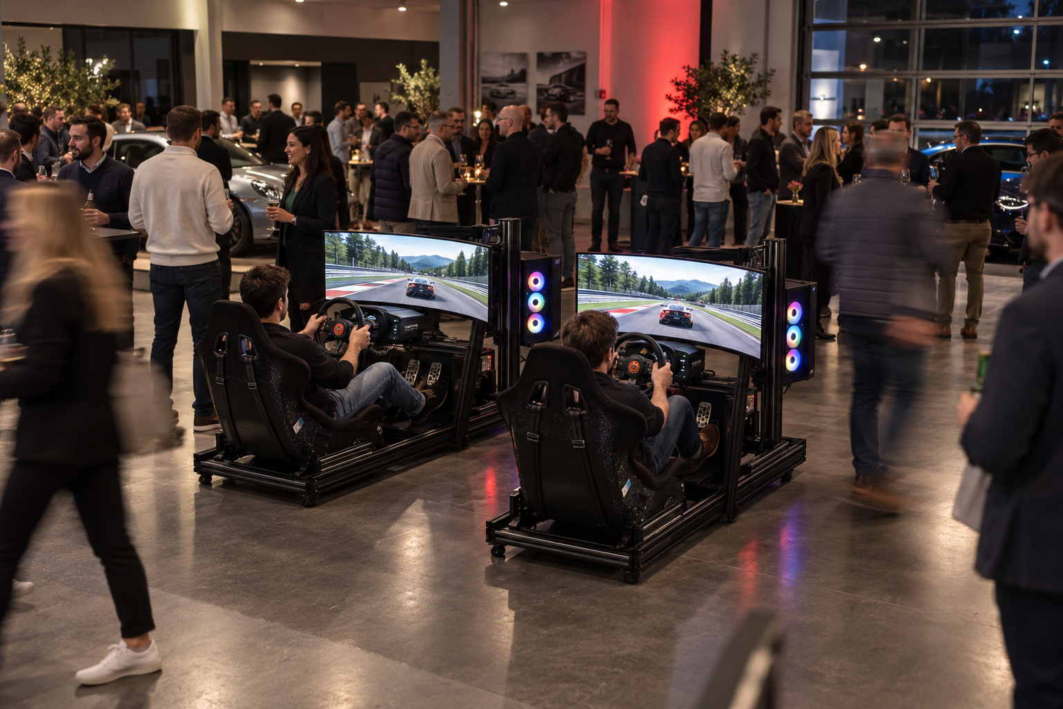 Concept visualization of a two-simulator event with a long-exposure crowd