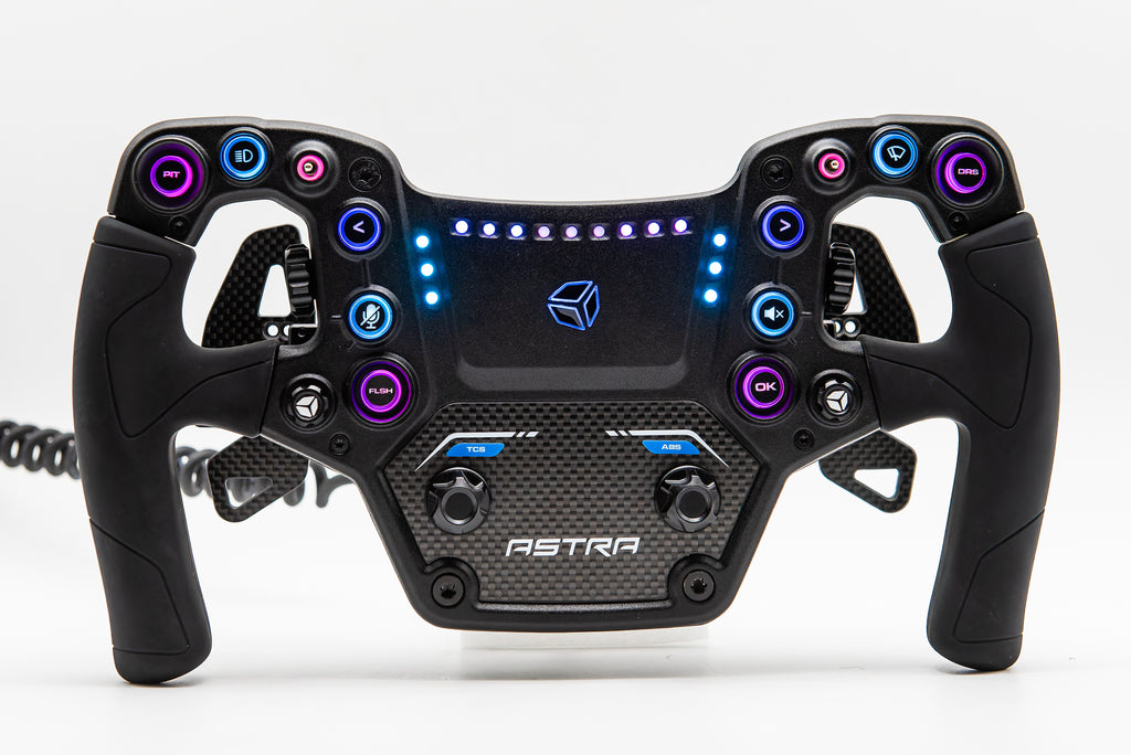 Black Astra racing simulator steering wheel with illuminated buttons on a white background