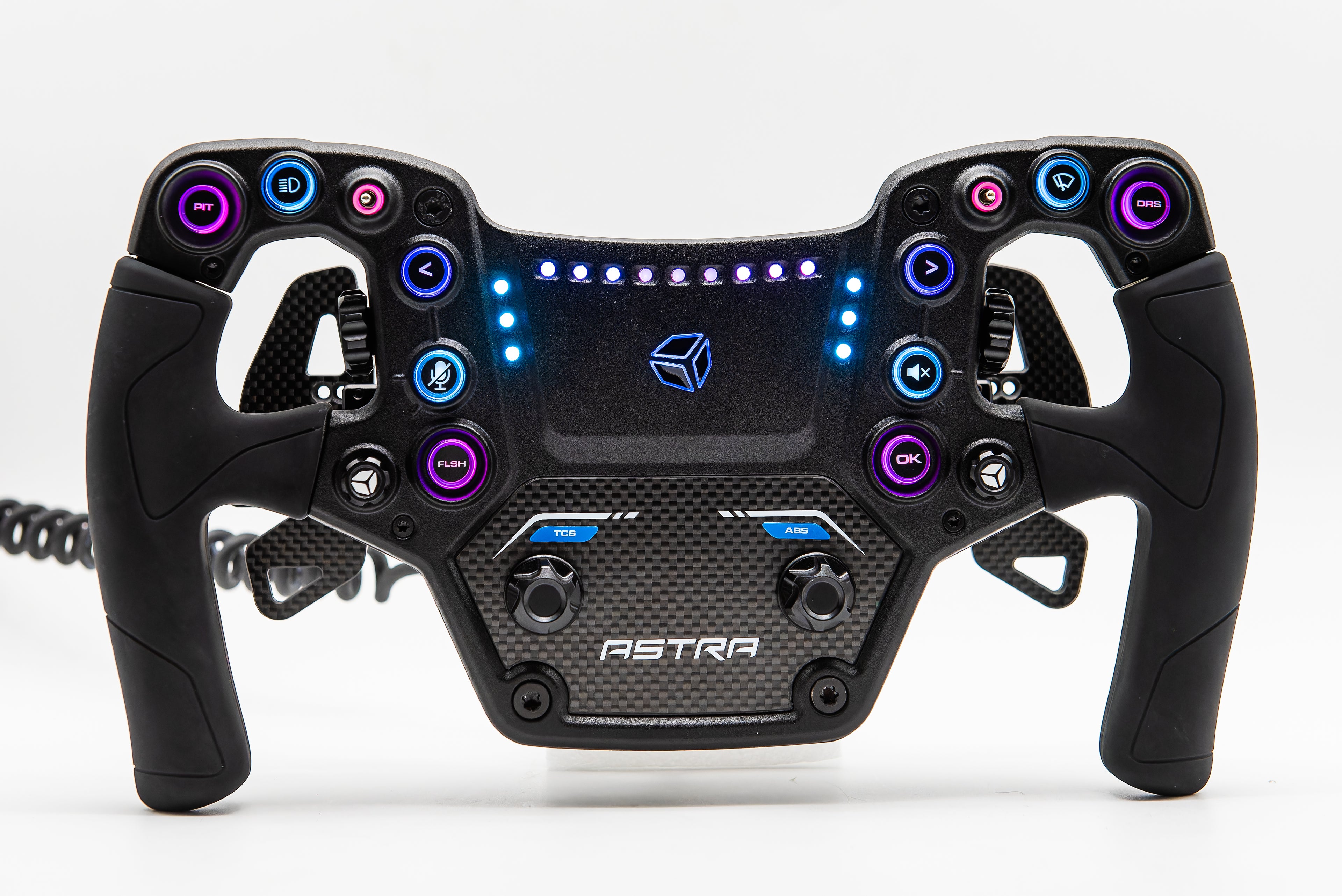 Black Astra racing simulator steering wheel with illuminated buttons on a white background