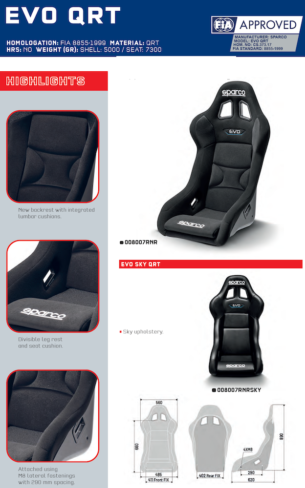 Sparco EVO QRT Performance Racing Seat | Small, Med, Large or XL